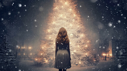 Back view of a young woman standing in front of a beautiful decor christmas tree in a night scene of christmas 