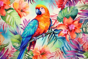 Vibrant watercolor pattern depicting tropical birds, jungle animals, and exotic plants on a pastel background. Generative AI