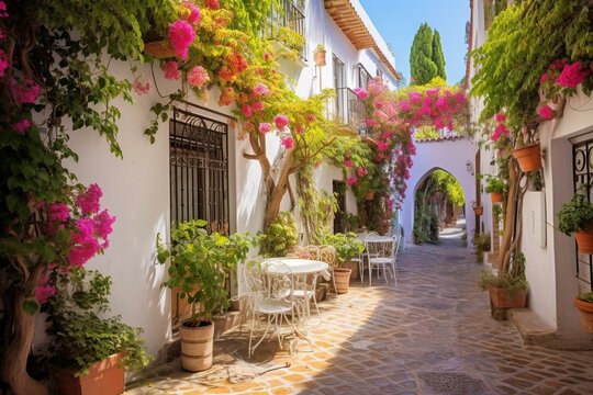 A charming alley in Marbella's historic district, Malaga, Andalusia, Spain. Generative AI