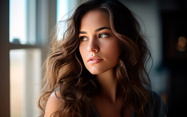 Fototapeta premium Woman portrait looking out window thoughtful.