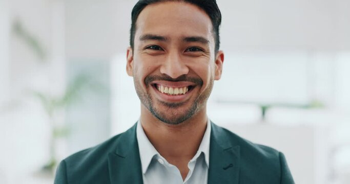 Portrait of businessman with smile, pride in office and confident project manager at engineering agency. Face of happy man, design business leader with positive mindset and entrepreneur at startup