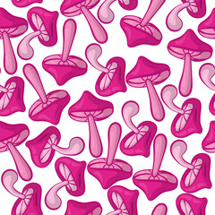 Seamless pattern with fantasy pink mushrooms on a white background