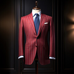 Beautiful bespoke mens red jacket suit with shirt and tie on mannequin in workshop interior