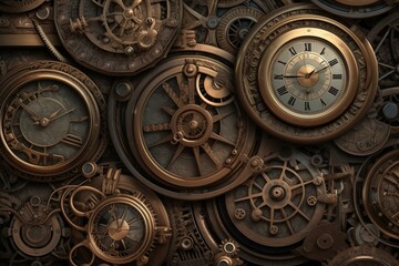 Fototapeta na wymiar Background with clocks and wheels in industrial and steampunk style. Generative AI