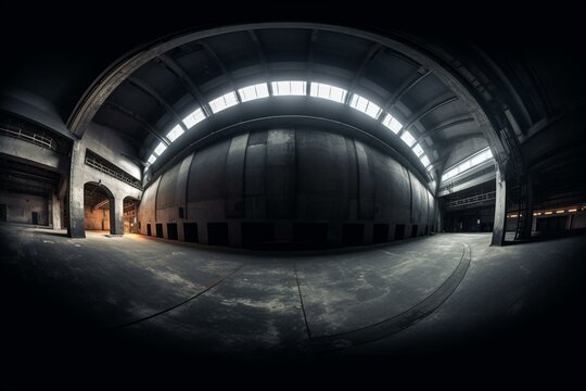 360° dark concrete industrial hall in full spherical HDRI panorama. Studio 3D render with VR-style HDR panorama. Generative AI