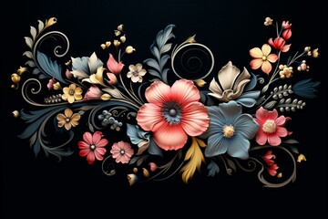 A lovely floral ornament on a dark backdrop. Generative AI