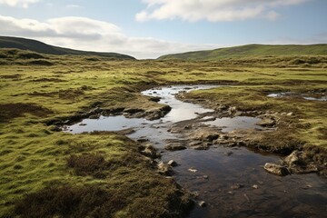 Fototapeta na wymiar A wetland formed by peat in Hoo Field, Voe on Shetland Mainland, UK. Generative AI