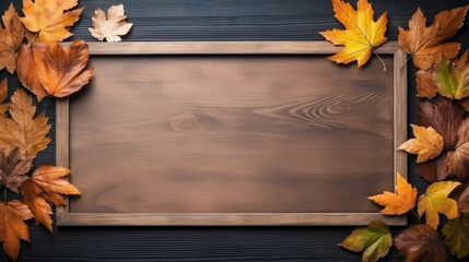 Naklejka na ściany i meble Top view wooden board with autumn maple leaves.