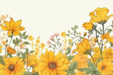 A floral border with vibrant yellow flowers, showcasing a spring-themed illustration. Generative AI