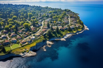 An expansive bird's-eye view of Bronte in Oakville, Canada. Generative AI - obrazy, fototapety, plakaty