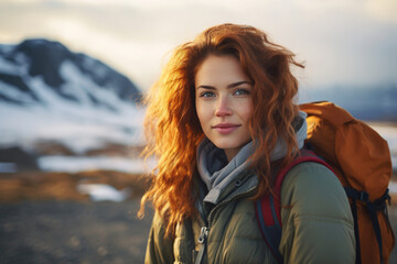 Smiling redhead woman traveler in outerwear and with backpack on hike in north looking at camera outdoors