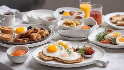 Fototapeta na wymiar Brunch breakfast platter in white plates including eggs,bread, vegetables,fried fish