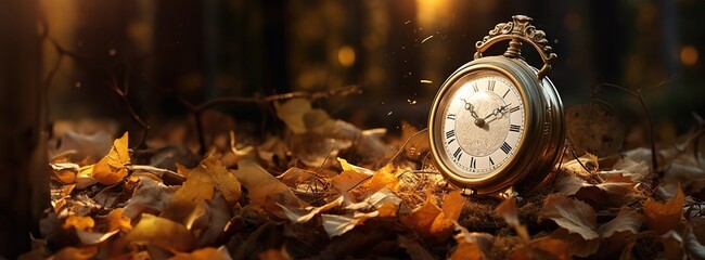 A clock with a cracked glass lies on a fallen leaves, copy space. Created with Generative Ai technology.