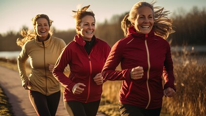 three woman in different age old and young women jogging running together in park, healthy lifestyle, 
 Generative Ai - Powered by Adobe