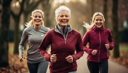 Foto op Plexiglas three woman in different age old and young women jogging running together in park, Silver Gen healthy lifestyle,  Generative Ai © QuietWord