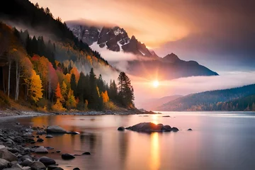 Foto op Plexiglas sunrise over the lake © Haji_Arts