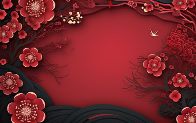 Background Red flowers ornament on red background, Chinese lanterns during the new year festival