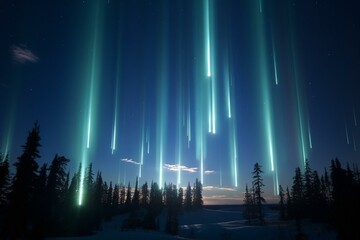 3D depiction of vertical light beams, called light pillars, found in Canada. Generative AI