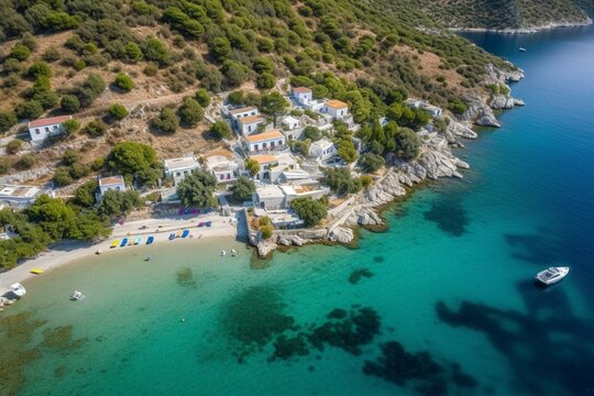 Aerial view of Megalochori harbor and charming hamlet beach in Agistri island, Greece. Generative AI