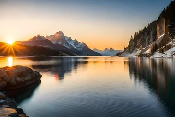 Kissenbezug sunrise over the lake © Haji_Arts