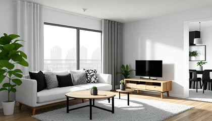 Fototapeta na wymiar Urban jungle in trendy living room interior with white couch with black knot pillow and wooden furniture, copy space on empty wall