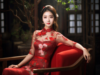 Beautiful young Chinese woman sitting in studio room in red traditional Chinese dress Chinese New Year theme