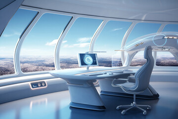 Station inside view window flying technology spaceship cabin star blue planet travel