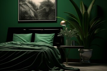 Imaginary art of modern emerald bedroom featuring a plant on a table. Generative AI