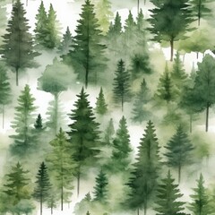 Watercolor seamless forrest pattern. Generated AI.