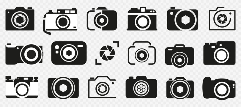 Photo camera icon collection. Set of black camera shutter icons. Camera lens diaphragm row and photo camera icon collection