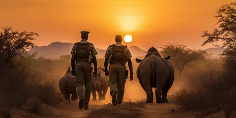 Rolgordijnen A group of park rangers relocating rhinos for conservation, dust filled sunset backdrop © Marco Attano