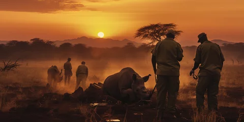 Keuken spatwand met foto A group of park rangers relocating rhinos for conservation, dust filled sunset backdrop © Marco Attano