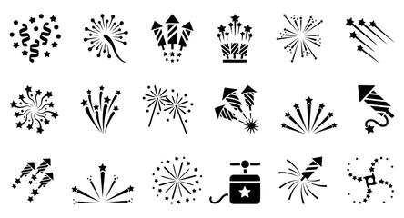 Fireworks icon collection. Set of firework, firecracker, confetti icons. Fireworks, sparkler, salute, petard, firecracker icons. Celebration and holiday icons - obrazy, fototapety, plakaty