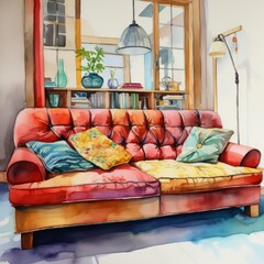 Watercolor interior. Generated AI.