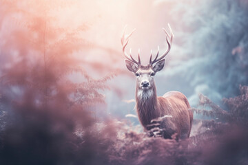 Dreamlike, atmospheric, double exposure photograph of a deer and forest, symbolizing wildlife and their habitat, subtle pastel colors, ethereal mood