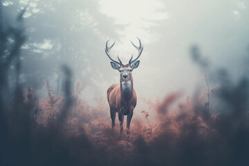 Dreamlike, atmospheric, double exposure photograph of a deer and forest, symbolizing wildlife and their habitat, subtle pastel colors, ethereal mood