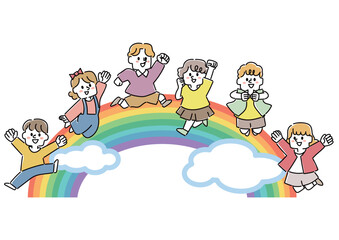 虹と元気一杯の子供達のイラスト