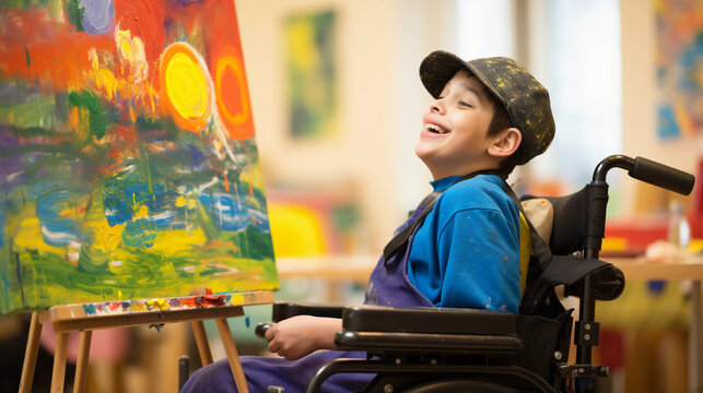 a special needs student in a wheelchair painting on an easel, bright vibrant colors, natural light, the joy of creativity