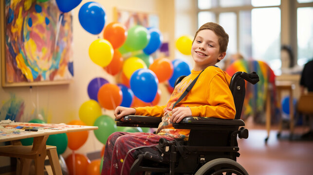 a special needs student in a wheelchair painting on an easel, bright vibrant colors, natural light, the joy of creativity