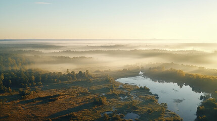 aerial shot of a vibrant, lush wildlife reserve at sunrise, filled with diverse species of animals, hazy morning light drenching the landscape, captured with a drone