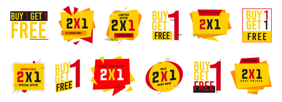 Buy 1 and get 2 promotion label collection. Sale, discount, shopping tag badges. Promotion label for shopping