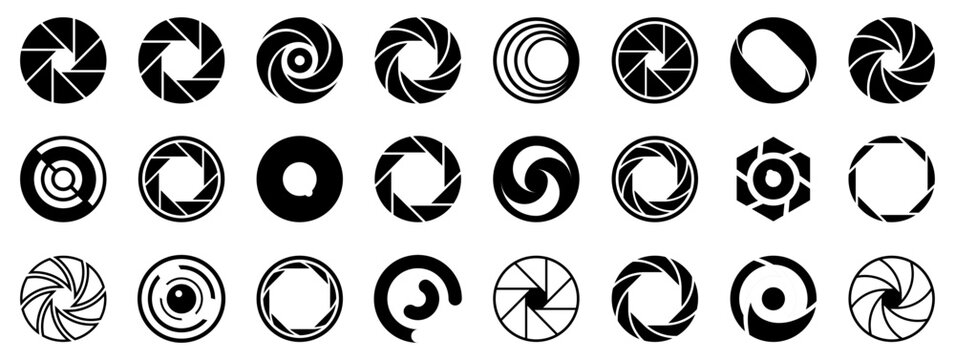 Black camera lens icon collection. Set of camera lens icons. Camera lens icon in a flat design