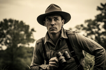 Obraz premium Monochrome, grainy, documentary - style photograph of a park ranger patrolling a wildlife reserve, binoculars in hand, capturing the human effort in conservation