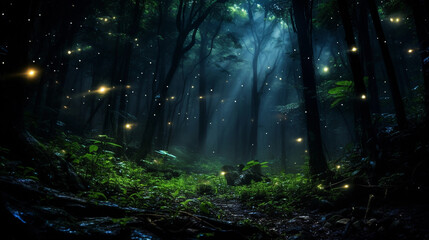 Night shot of fireflies illuminating a dark forest, creating a mystical ambiance, long exposure