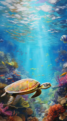 Fototapeta na wymiar Ocean conservation scene, underwater view of a coral reef teeming with marine life, emphasis on endangered species like the Hawksbill turtle, painted with vibrant watercolors, natural sunlight filteri