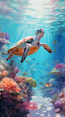 Ocean conservation scene, underwater view of a coral reef teeming with marine life, emphasis on endangered species like the Hawksbill turtle, painted with vibrant watercolors, natural sunlight filteri