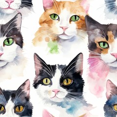 Watercolor seamless pattern cats. Generated AI.