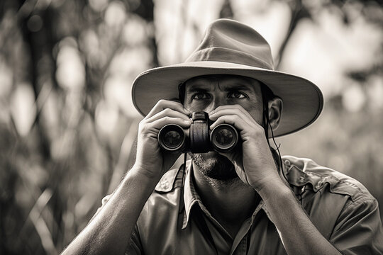 Monochrome, grainy, documentary - style photograph of a park ranger patrolling a wildlife reserve, binoculars in hand, capturing the human effort in conservation