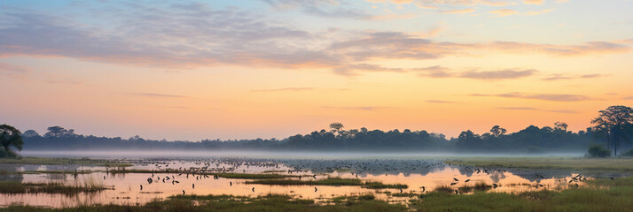 Fototapeta na wymiar Serene panoramic view of a wildlife reserve at sunrise, showing a variety of animals grazing, soft pastel sky