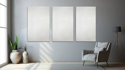 Light gray wall with vertical painted canvases for mockups. Created with Generative Ai technology.